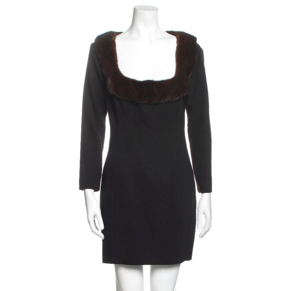 Zang Toi Square Neck Fur Trim Little Black Dress